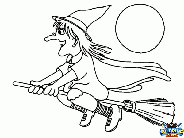 Witch on her magic broom coloring