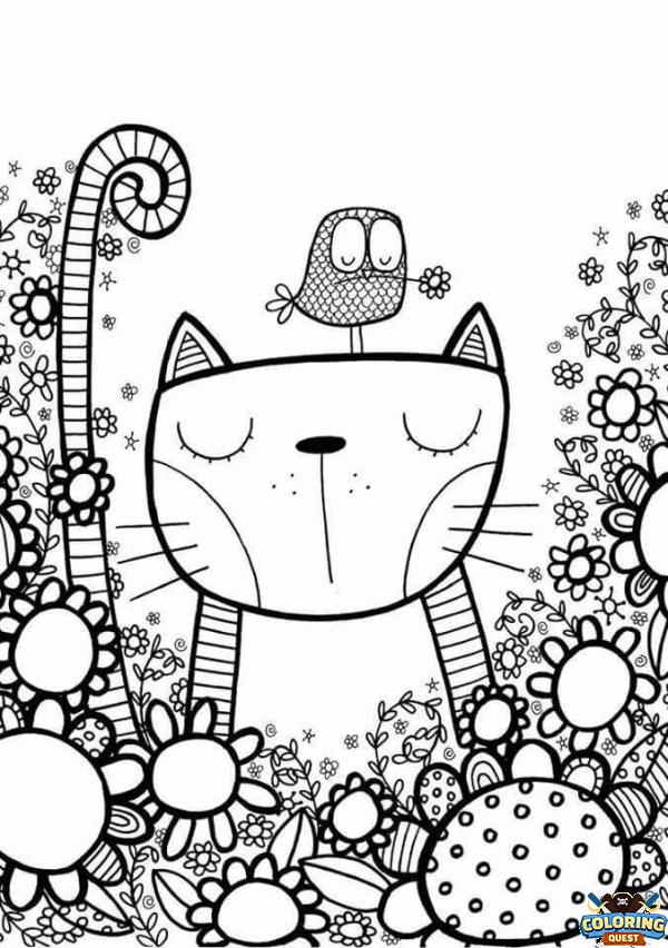 Cat and bird in a field of flowers coloring