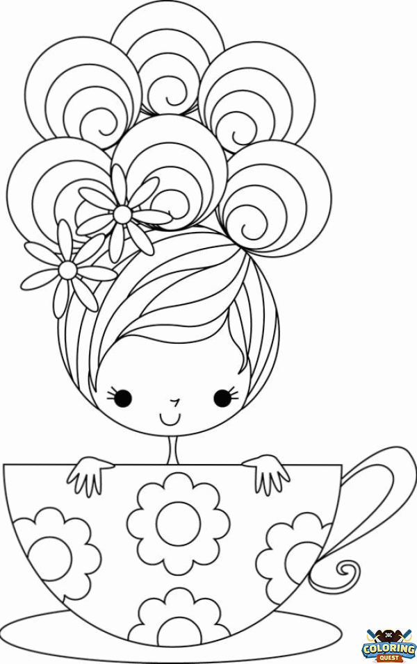Little girl and cup of tea coloring