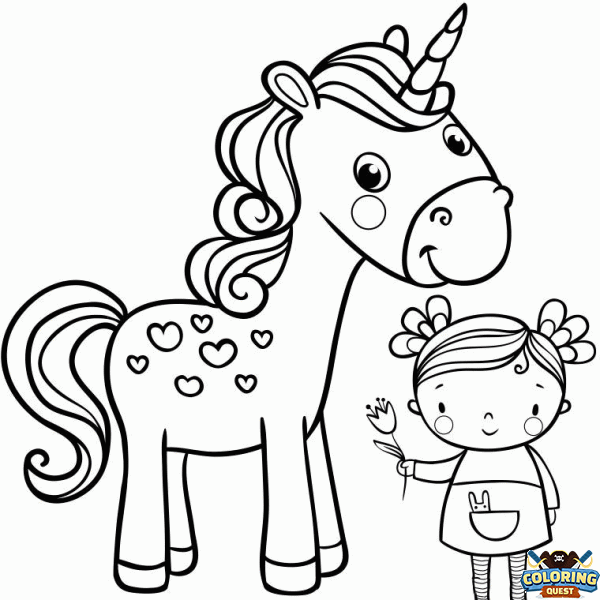 Unicorn and little girl coloring