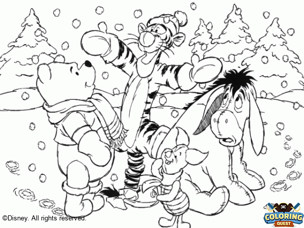 Winnie and his friends in the snow coloring