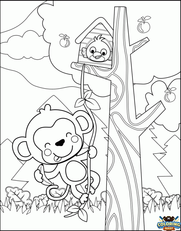 Mischievous monkey and curious bird coloring