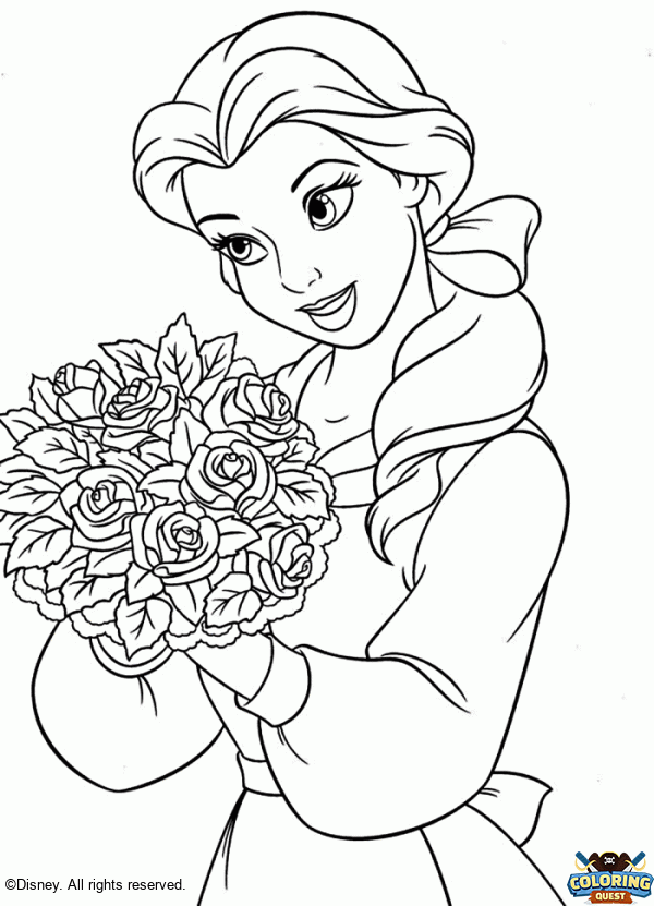 Belle and her bouquet of roses coloring