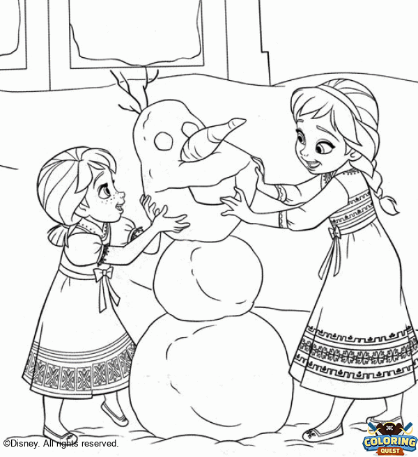 Anna and Elsa are building a snowman coloring