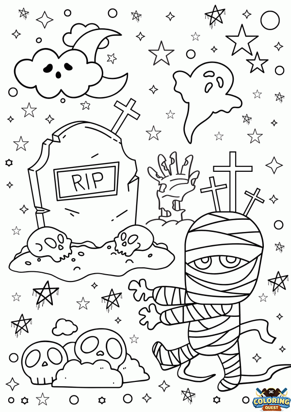 Mummy and Halloween decor to color coloring