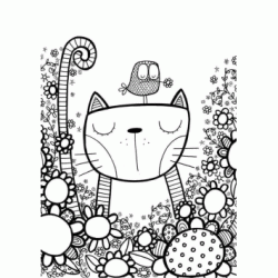 Cat and bird in a field of flowers coloring