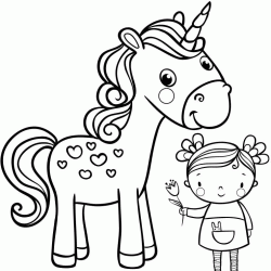 Unicorn and little girl coloring