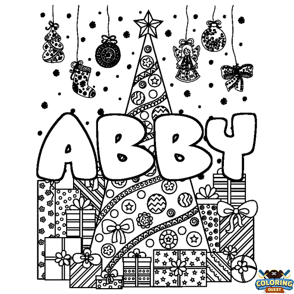 Coloring page first name ABBY - Christmas tree and presents background