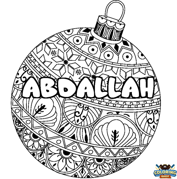 Coloring page first name ABDALLAH - Christmas tree bulb background