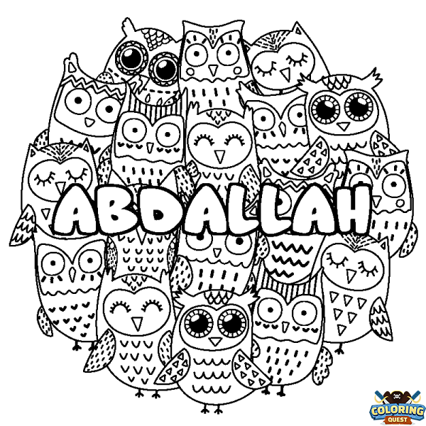 Coloring page first name ABDALLAH - Owls background