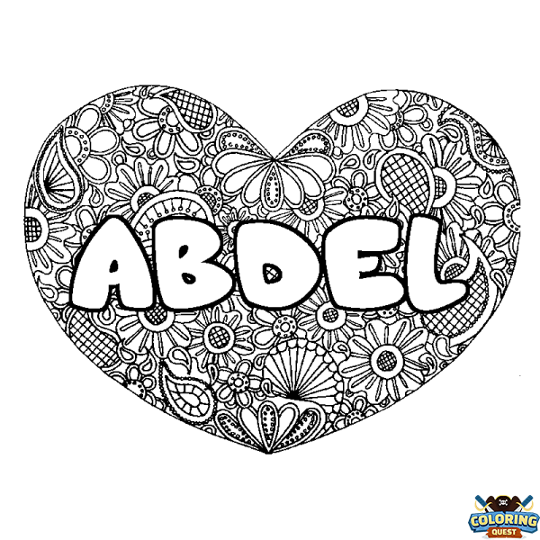 Coloring page first name ABDEL - Heart mandala background