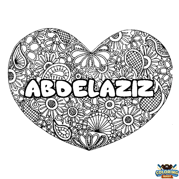 Coloring page first name ABDELAZIZ - Heart mandala background