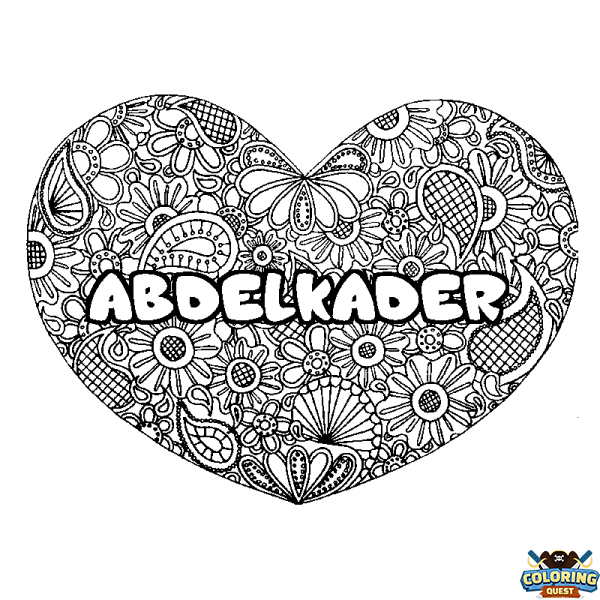 Coloring page first name ABDELKADER - Heart mandala background