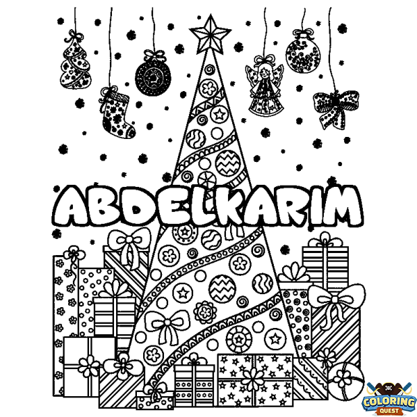 Coloring page first name ABDELKARIM - Christmas tree and presents background