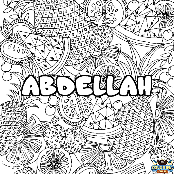 Coloring page first name ABDELLAH - Fruits mandala background