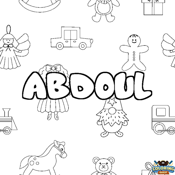 Coloring page first name ABDOUL - Toys background