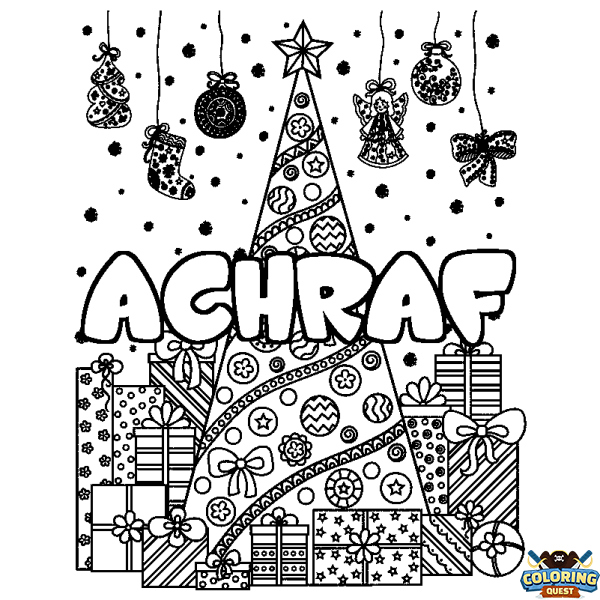Coloring page first name ACHRAF - Christmas tree and presents background