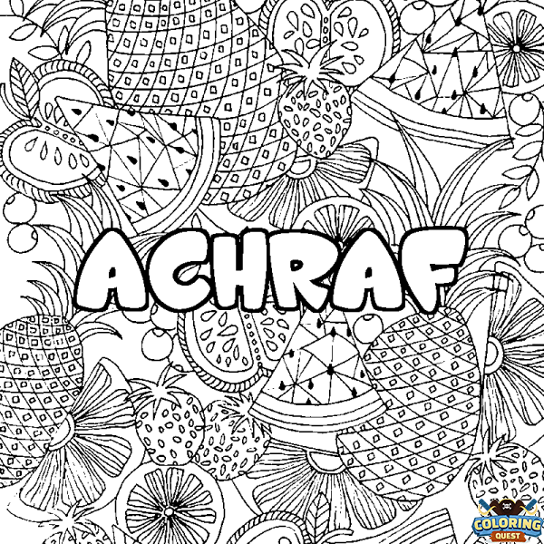 Coloring page first name ACHRAF - Fruits mandala background