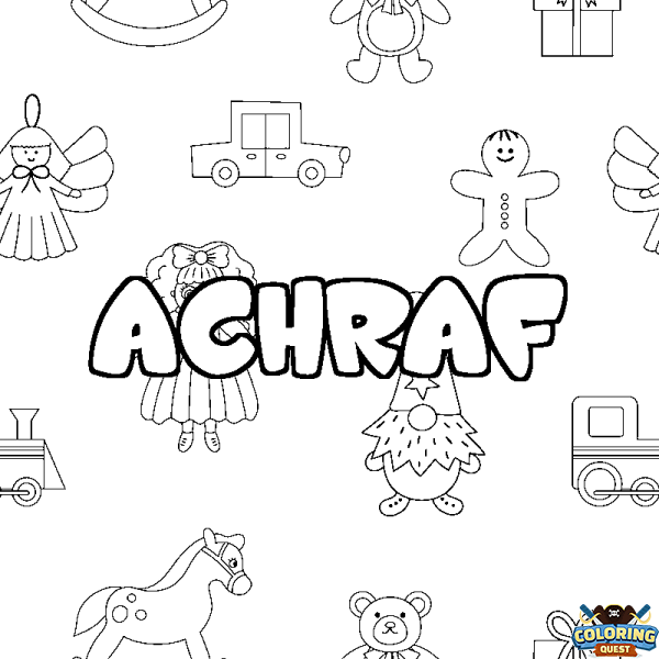 Coloring page first name ACHRAF - Toys background