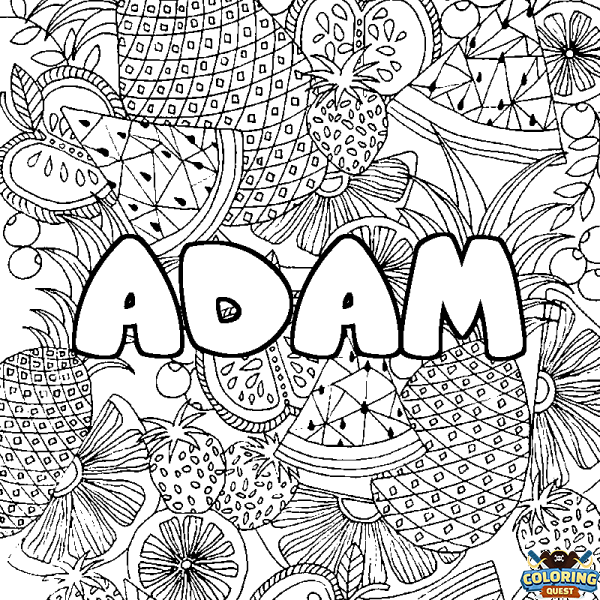 Coloring page first name ADAM - Fruits mandala background