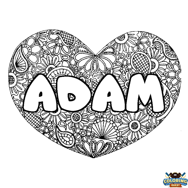 Coloring page first name ADAM - Heart mandala background