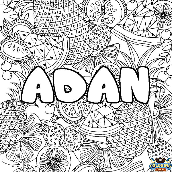 Coloring page first name ADAN - Fruits mandala background