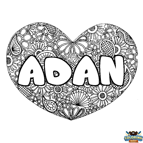 Coloring page first name ADAN - Heart mandala background