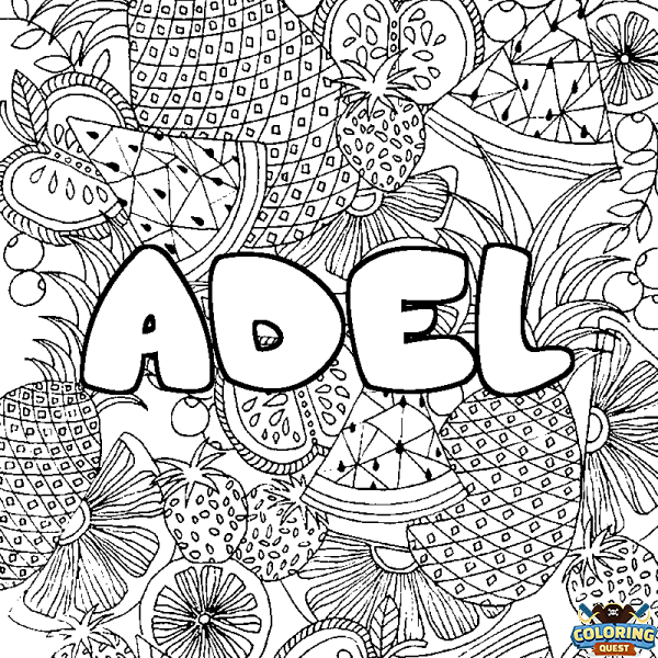 Coloring page first name ADEL - Fruits mandala background