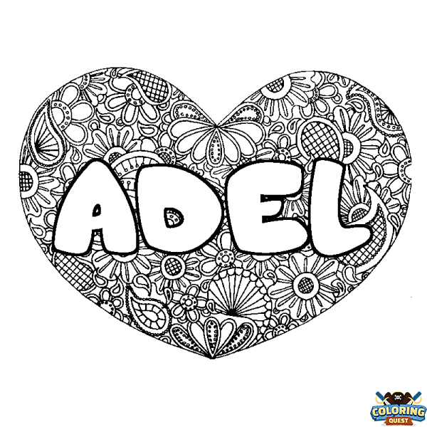 Coloring page first name ADEL - Heart mandala background