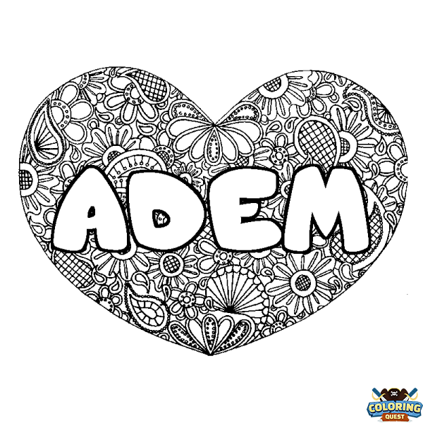 Coloring page first name ADEM - Heart mandala background