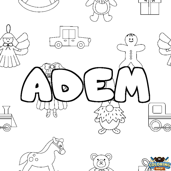 Coloring page first name ADEM - Toys background