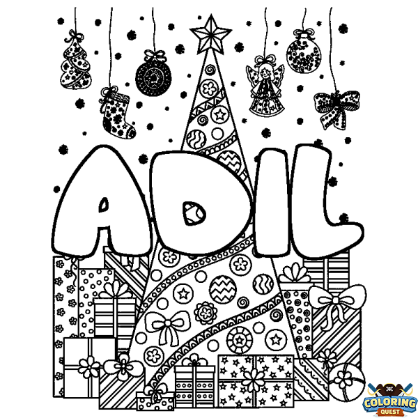 Coloring page first name ADIL - Christmas tree and presents background