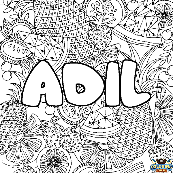 Coloring page first name ADIL - Fruits mandala background