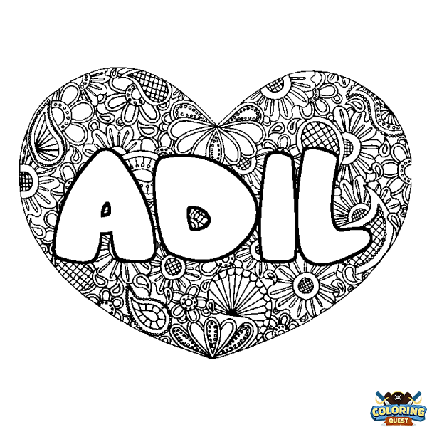 Coloring page first name ADIL - Heart mandala background