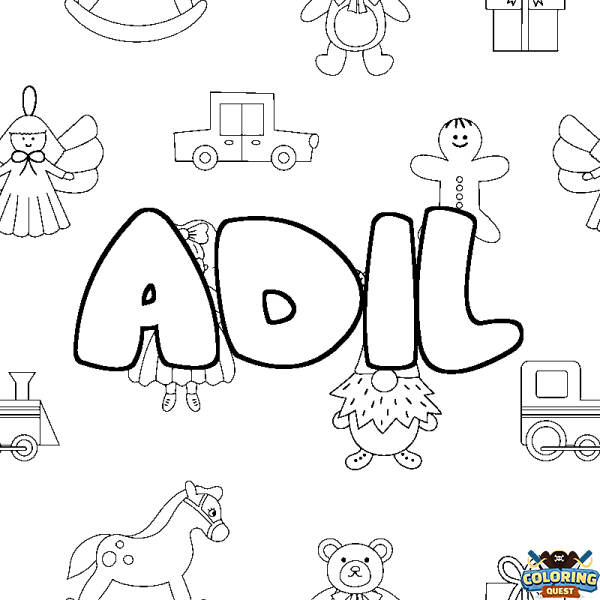 Coloring page first name ADIL - Toys background
