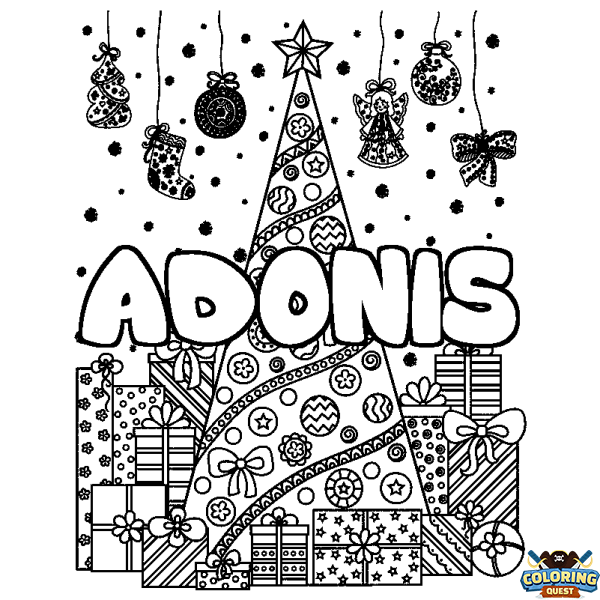 Coloring page first name ADONIS - Christmas tree and presents background