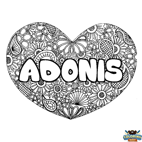 Coloring page first name ADONIS - Heart mandala background