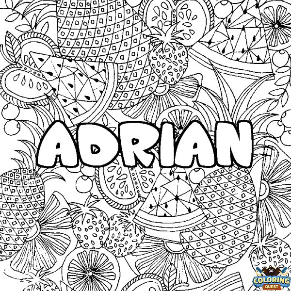 Coloring page first name ADRIAN - Fruits mandala background