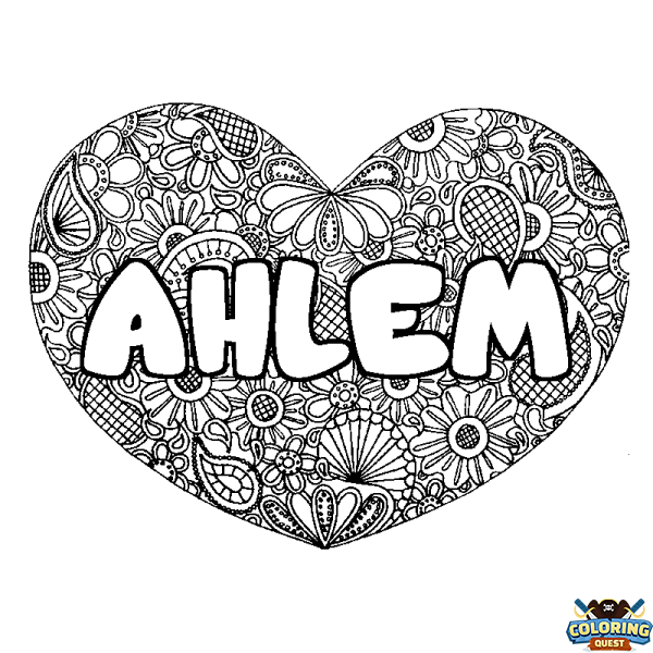 Coloring page first name AHLEM - Heart mandala background