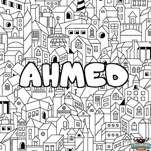 Coloring page first name AHMED - City background