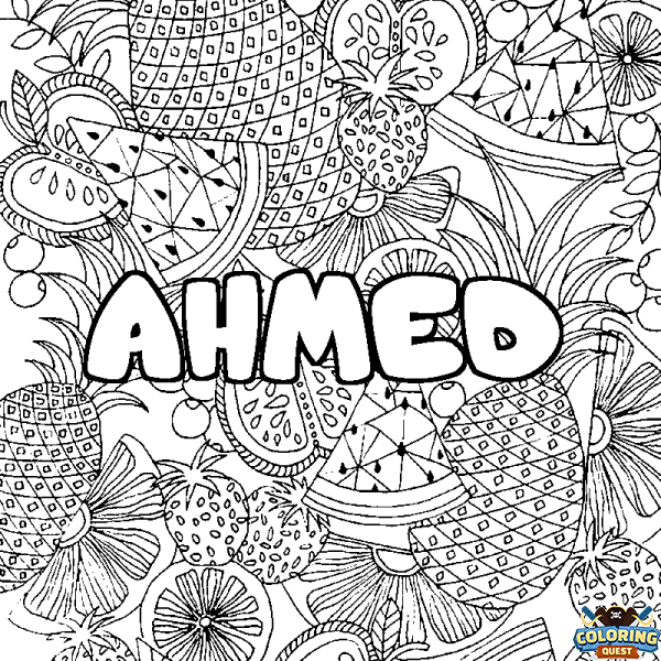 Coloring page first name AHMED - Fruits mandala background