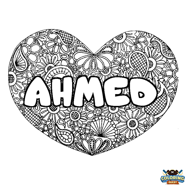 Coloring page first name AHMED - Heart mandala background