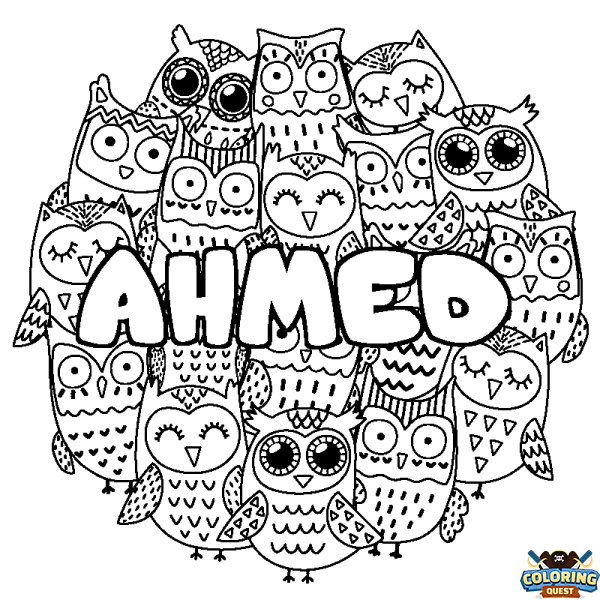 Coloring page first name AHMED - Owls background