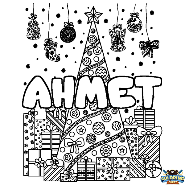 Coloring page first name AHMET - Christmas tree and presents background