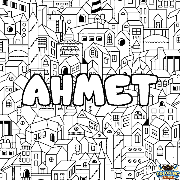 Coloring page first name AHMET - City background