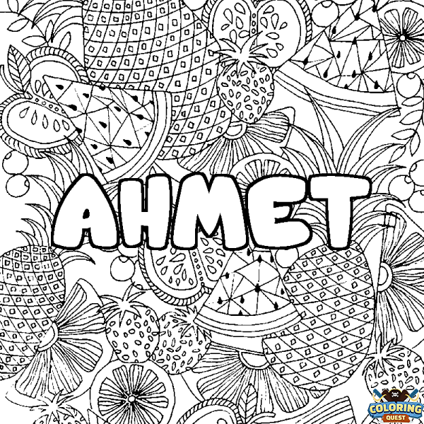 Coloring page first name AHMET - Fruits mandala background