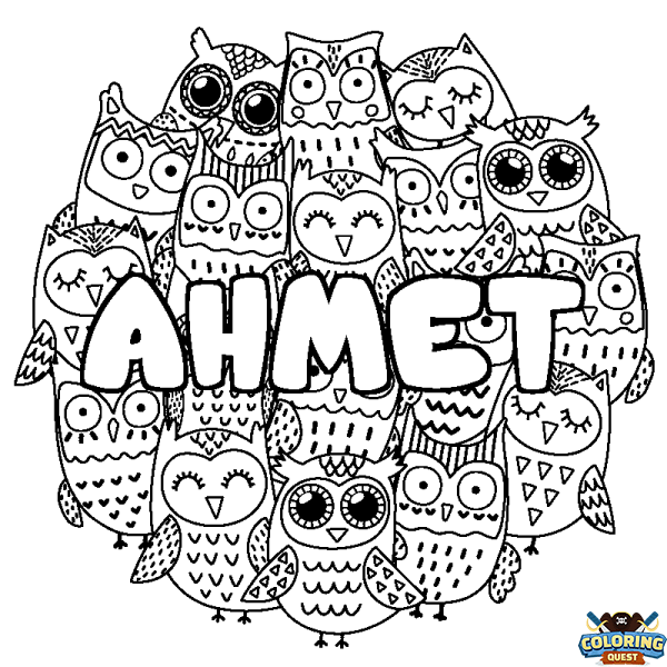 Coloring page first name AHMET - Owls background