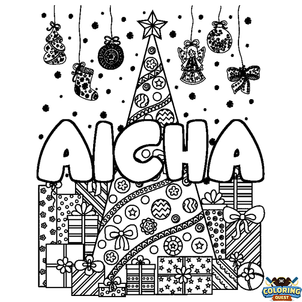 Coloring page first name AICHA - Christmas tree and presents background