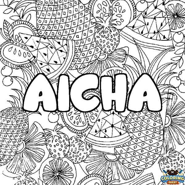 Coloring page first name AICHA - Fruits mandala background