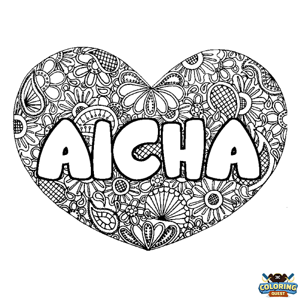 Coloring page first name AICHA - Heart mandala background